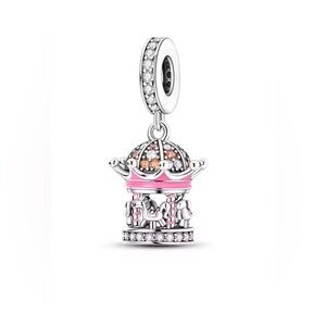 Silver & Pink Carousel Dangle Charm For Pandora Charm Braclets